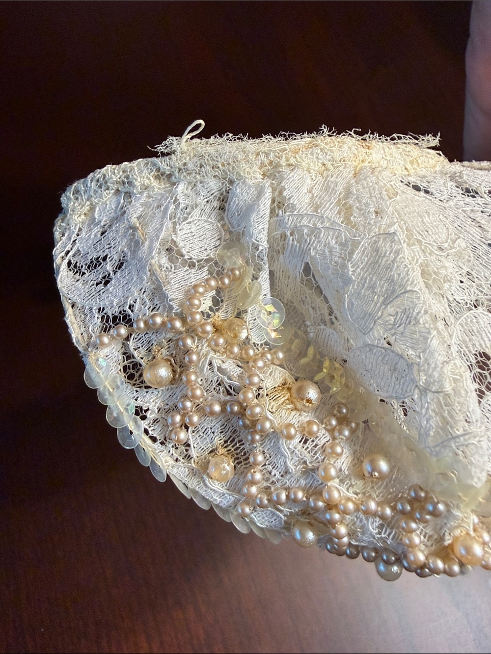 50’s Ivory Lace Bridal Headband with Faux Pearls & Sequins - Picture 8 of 13